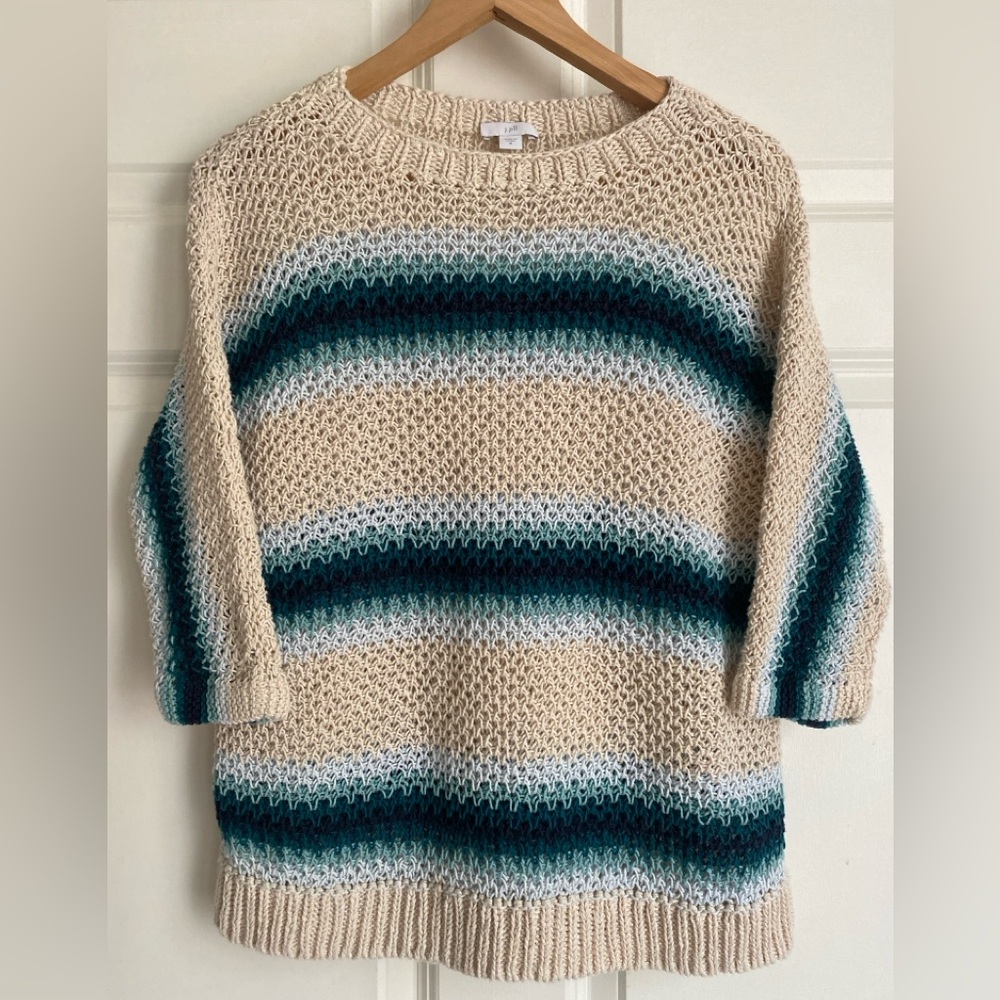 J. Jill Fishnet Striped Sweater Size M Linen Cotton Blend 3/4 Sleeves Open Knit